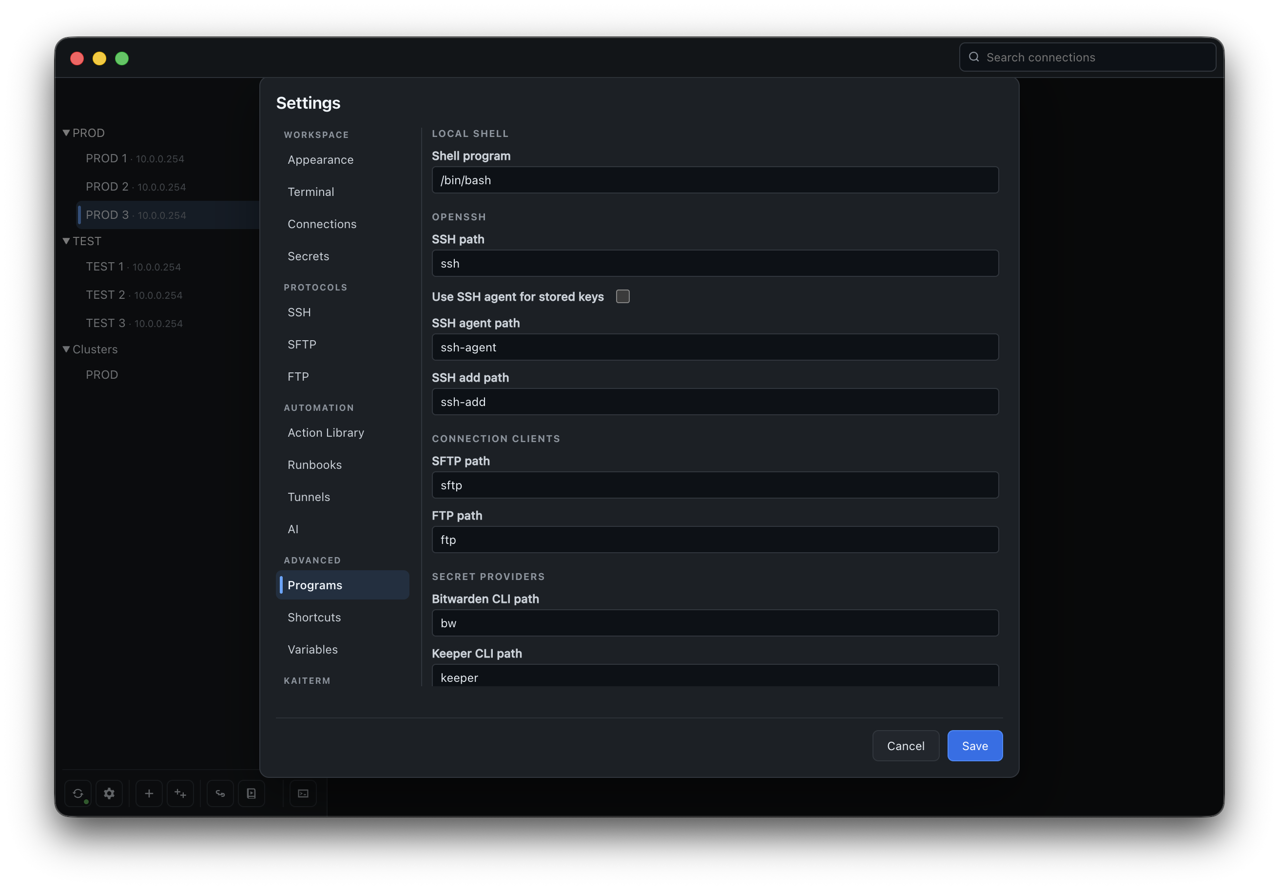 KaiTerm external program settings.