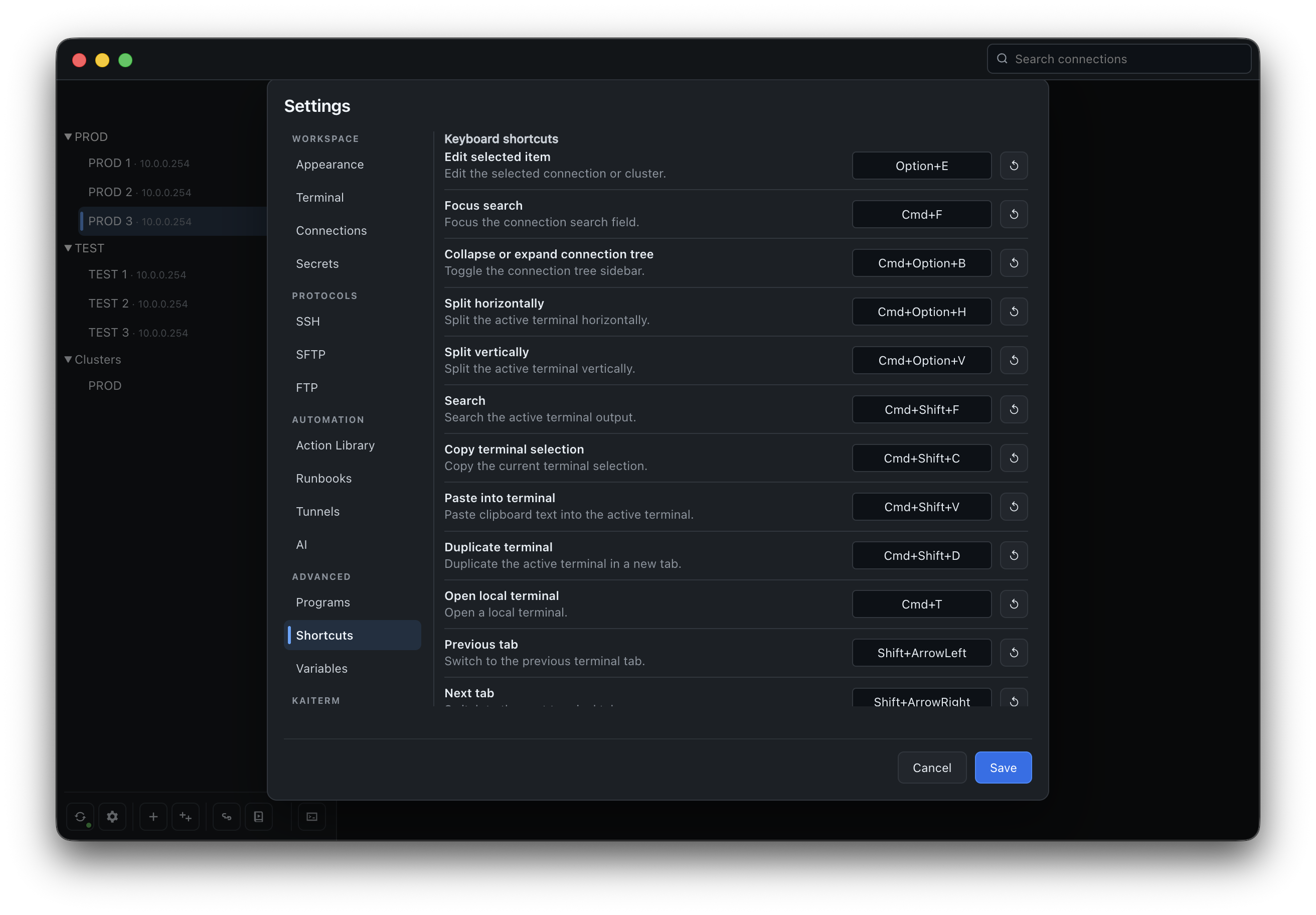 KaiTerm keyboard shortcut settings.