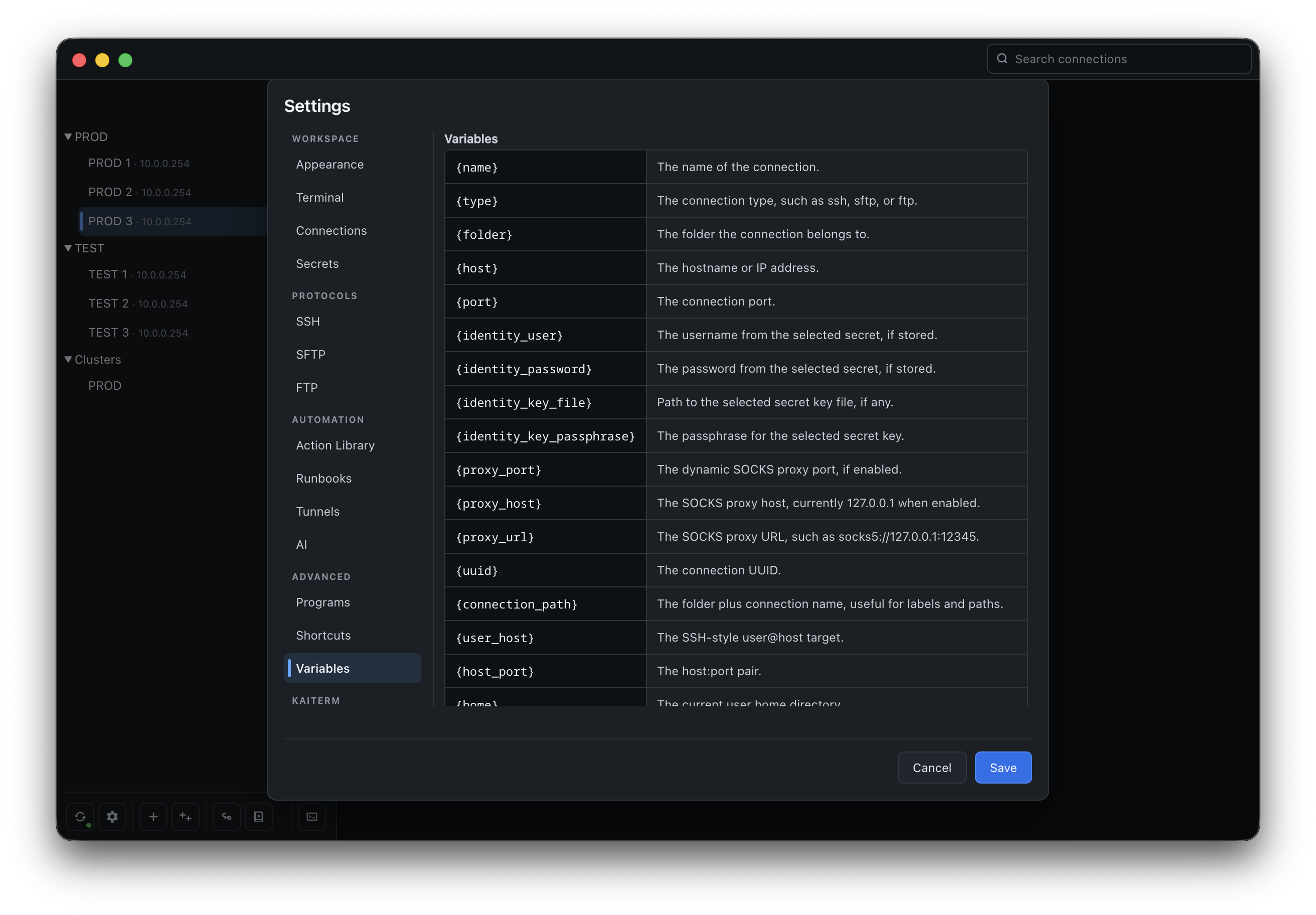 KaiTerm command template variable reference.