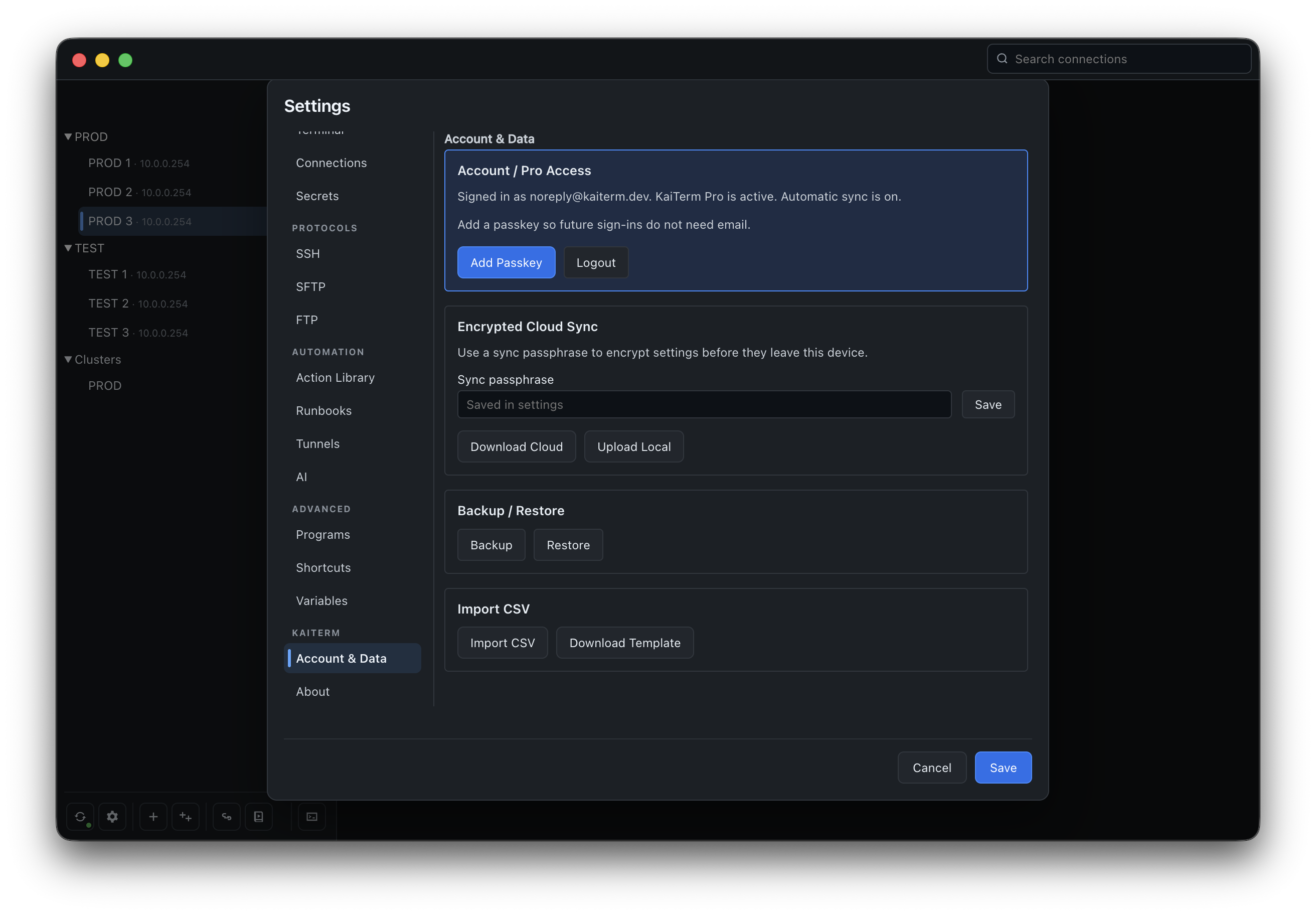 KaiTerm account, saved sync passphrase, cloud upload and download, backup, restore, and import settings.