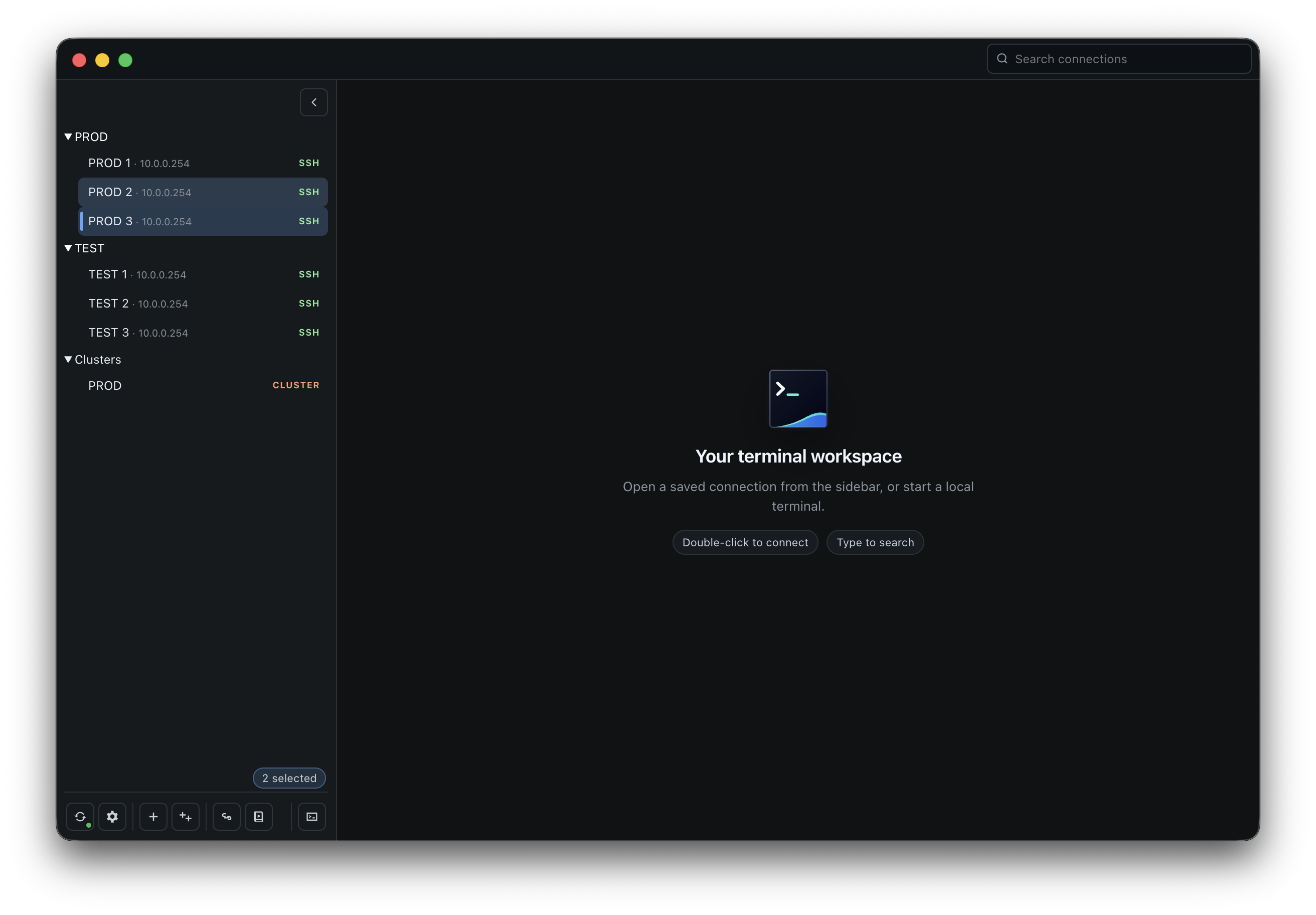 KaiTerm connection tree with two SSH connections selected and a persistent selection count.