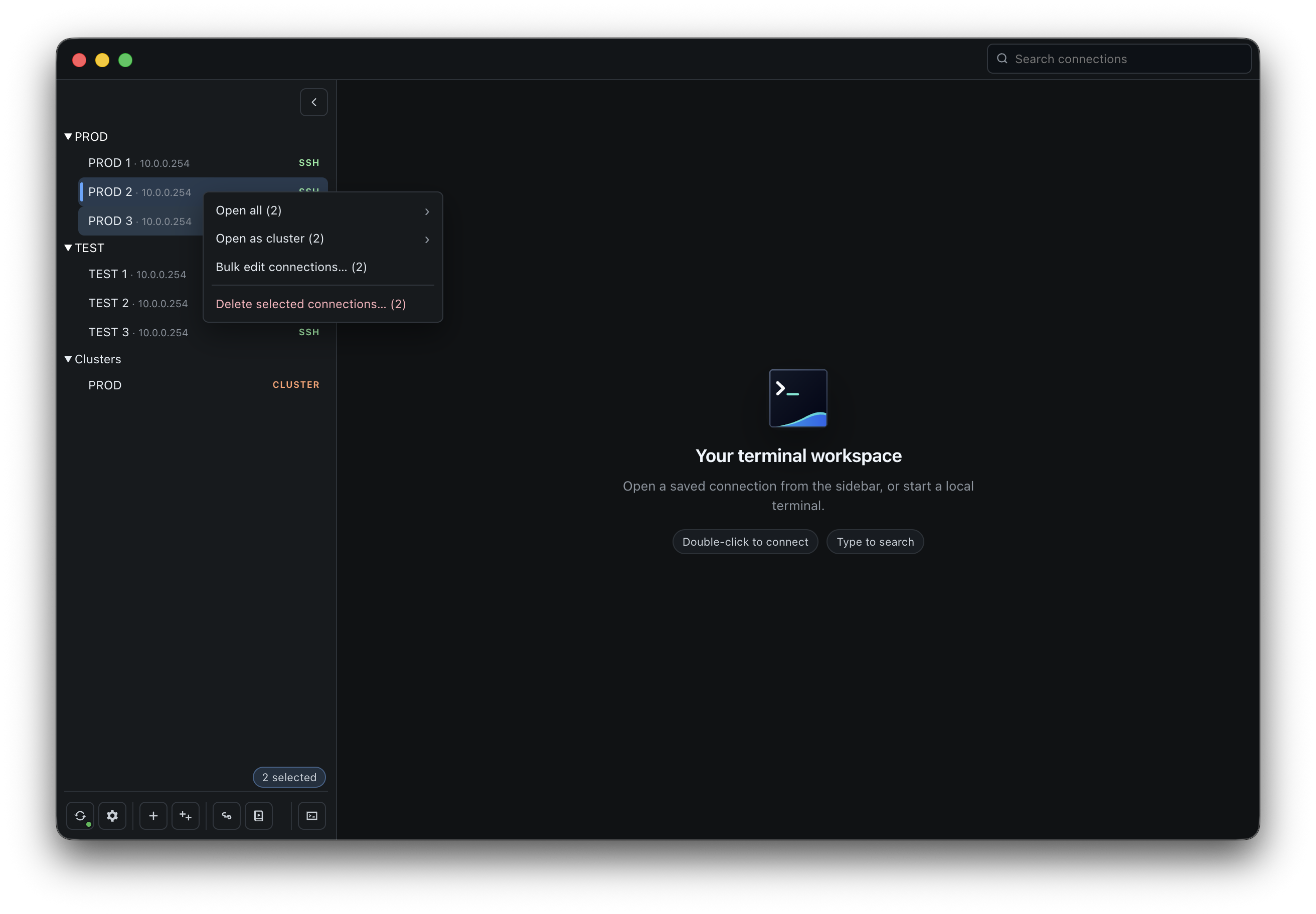 KaiTerm context menu for opening, bulk editing, or deleting selected connections.