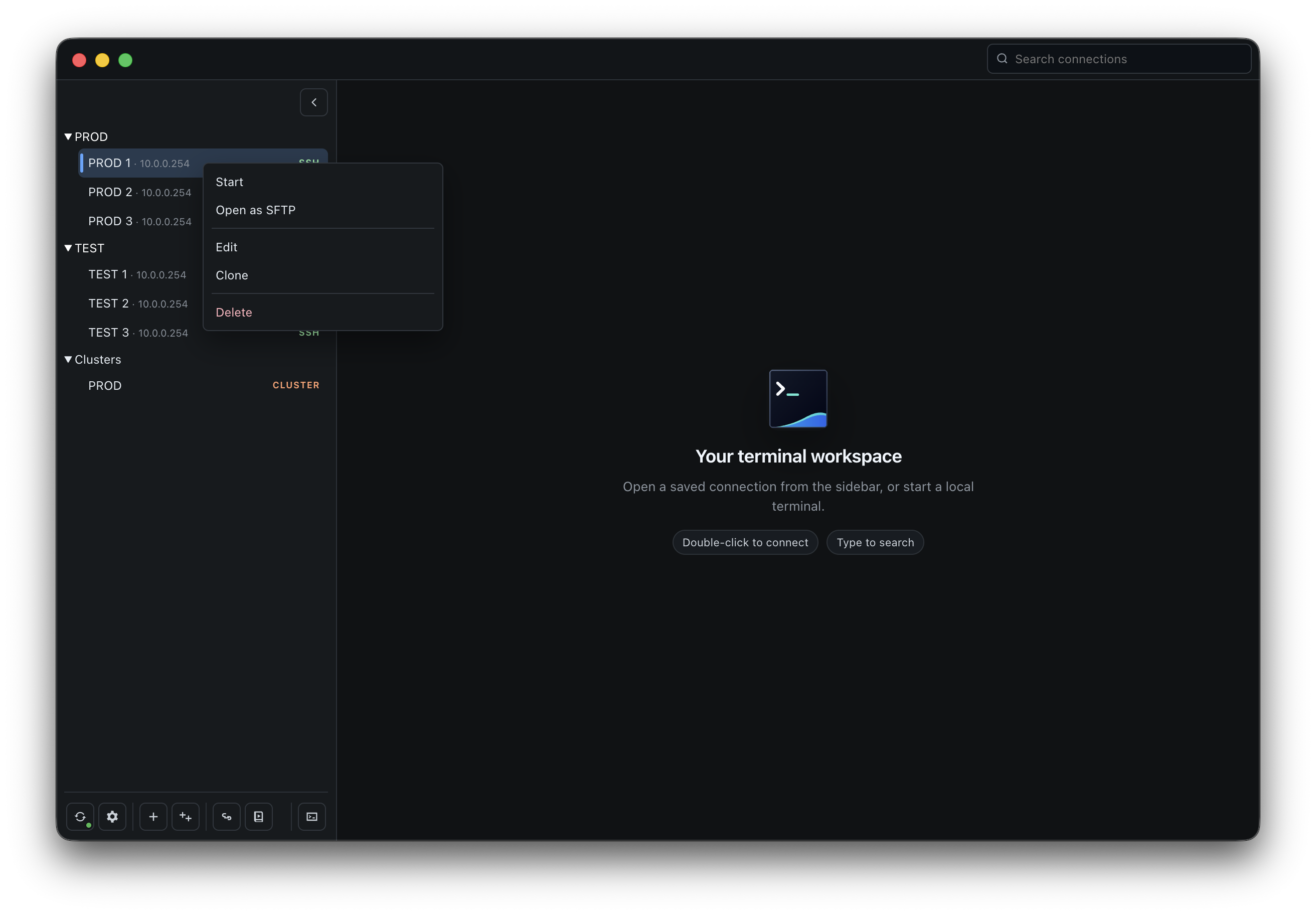 KaiTerm connection context menu with start, SFTP, edit, clone, and delete actions.