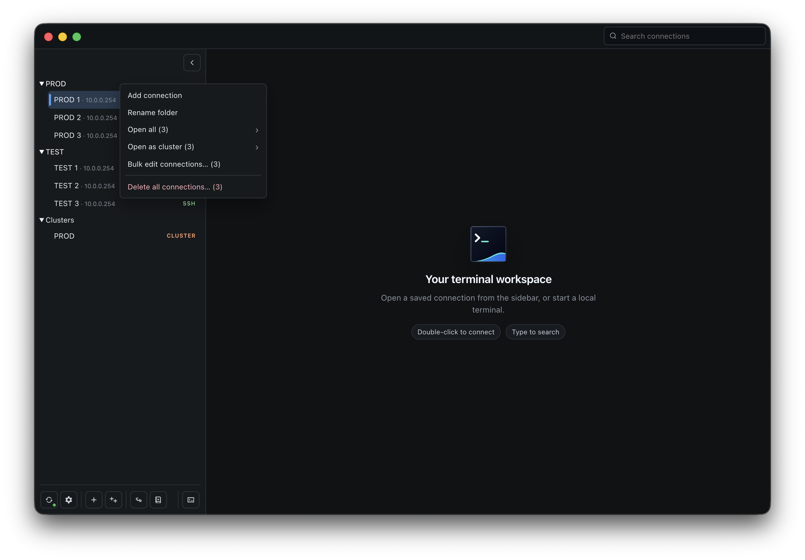 KaiTerm folder context menu with connection creation, rename, cluster launch, bulk edit, and delete actions.