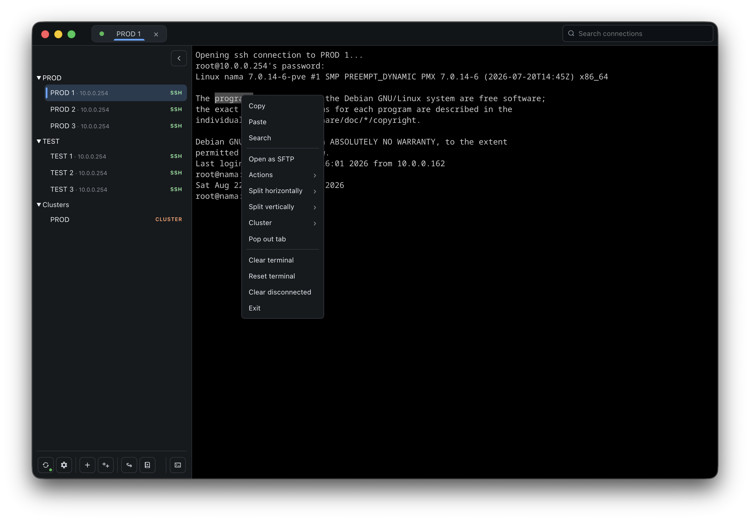 KaiTerm terminal context menu with clipboard, output search, SFTP, nested Actions, splits, runtime clusters, pop-out, reset, disconnected-terminal cleanup, and exit controls.
