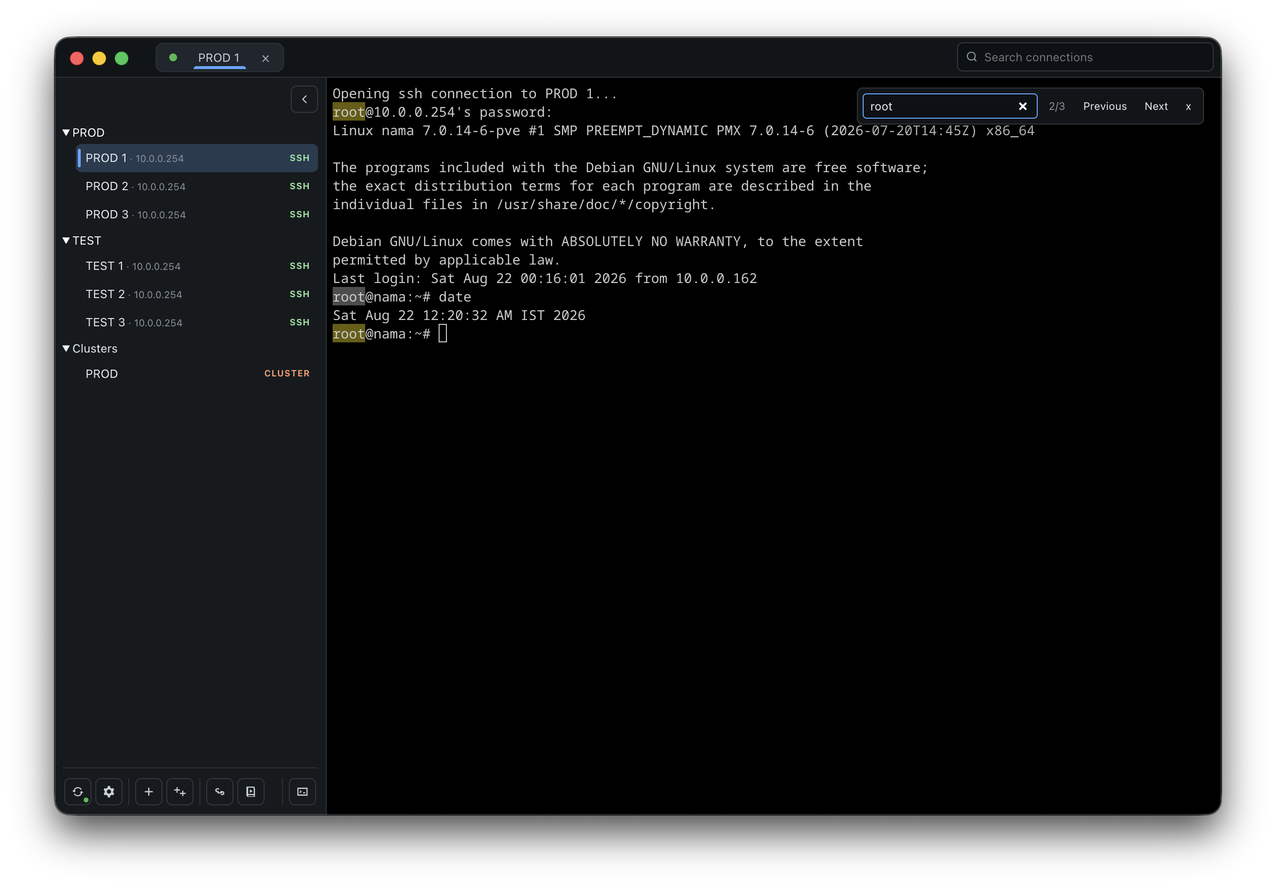 KaiTerm terminal output search with highlighted matches and previous and next navigation controls.