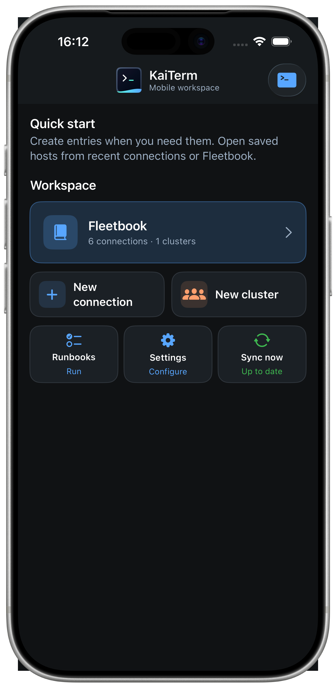 KaiTerm workspace home on iOS with recent and open terminal access.