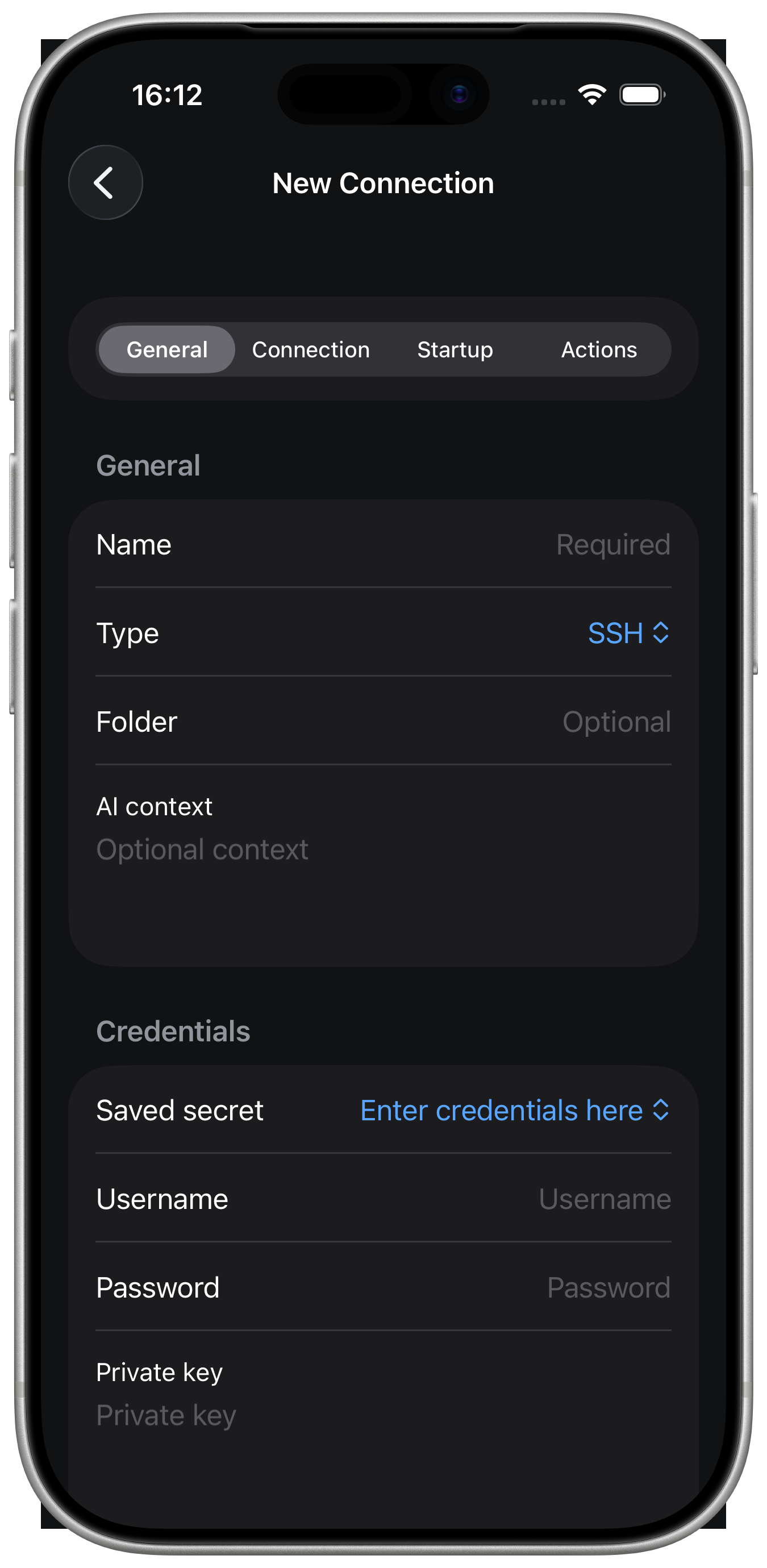 KaiTerm native connection editor on iOS.