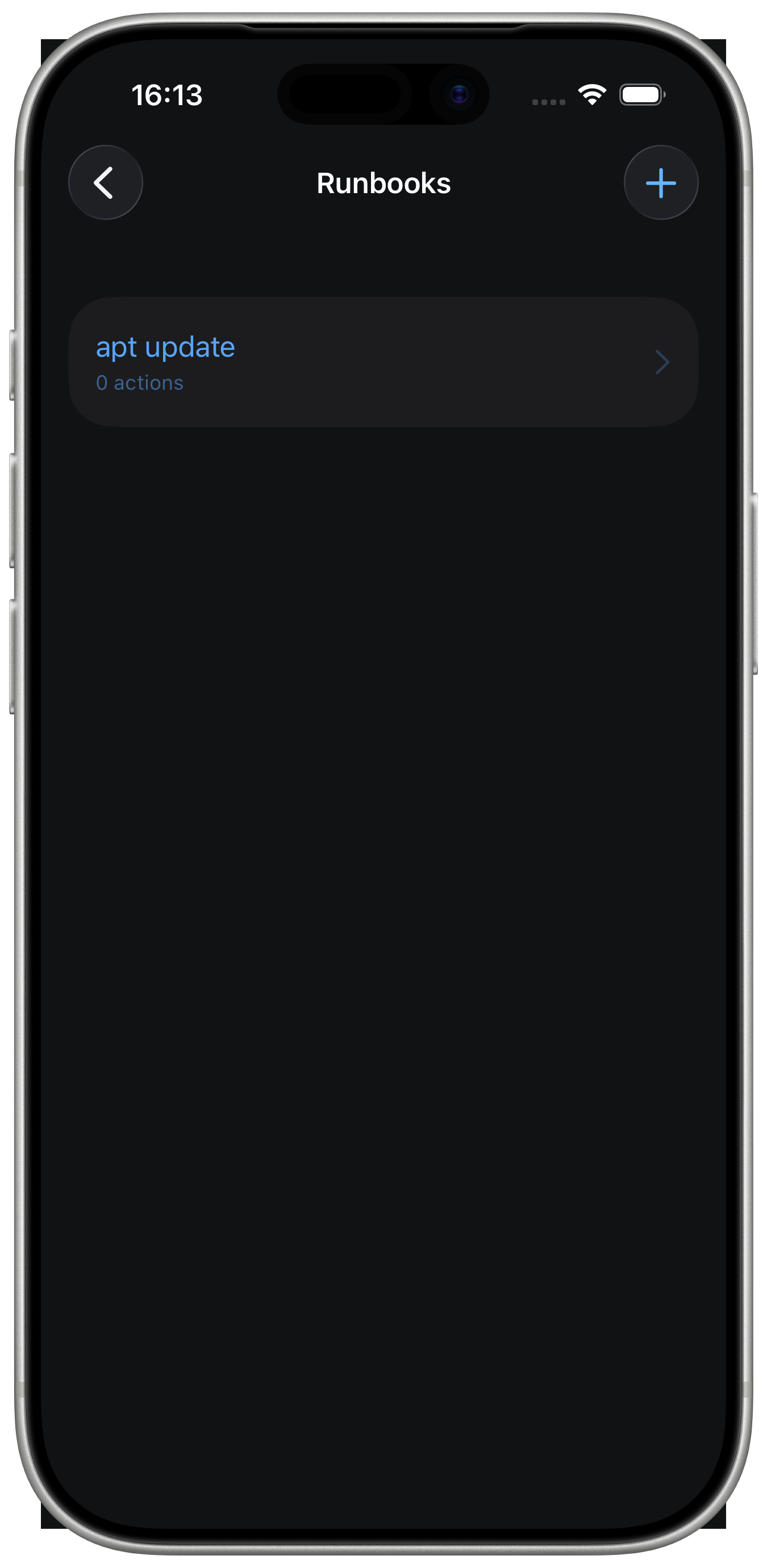 KaiTerm Runbook settings with a saved Action Library action on iOS.
