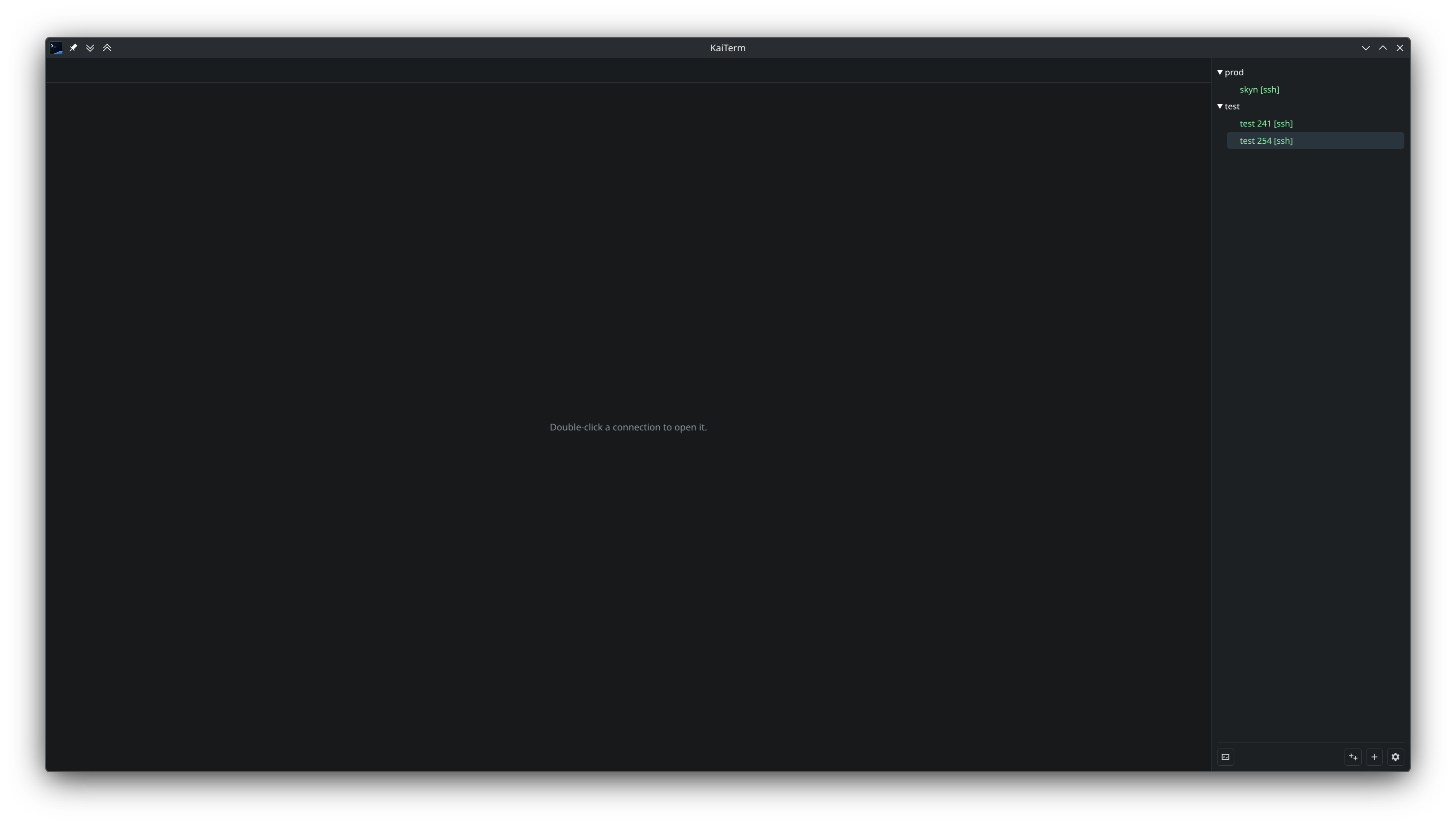 KaiTerm connection tree with folders and saved SSH connections.