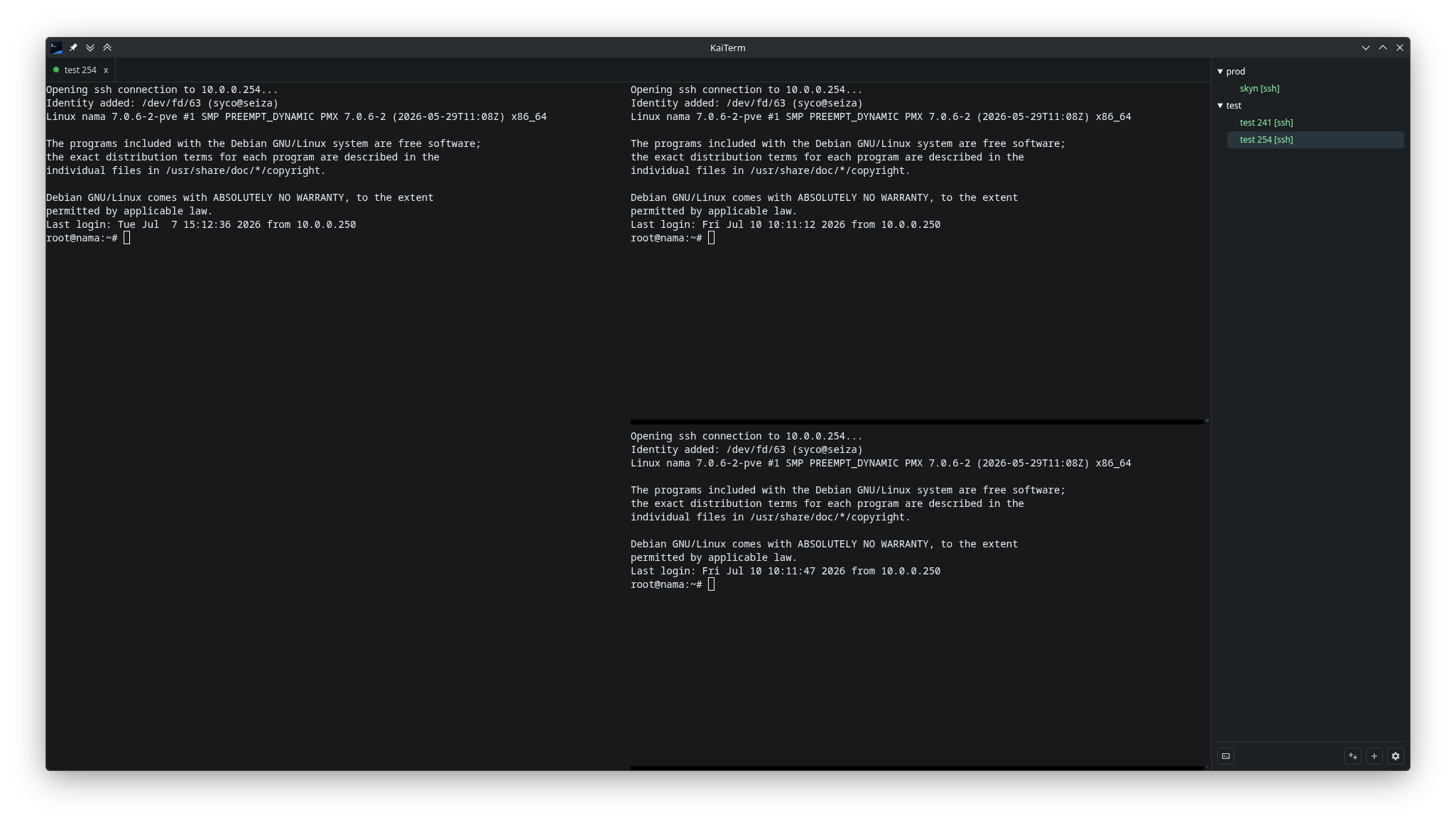 KaiTerm showing a split terminal workspace with a connection tree.